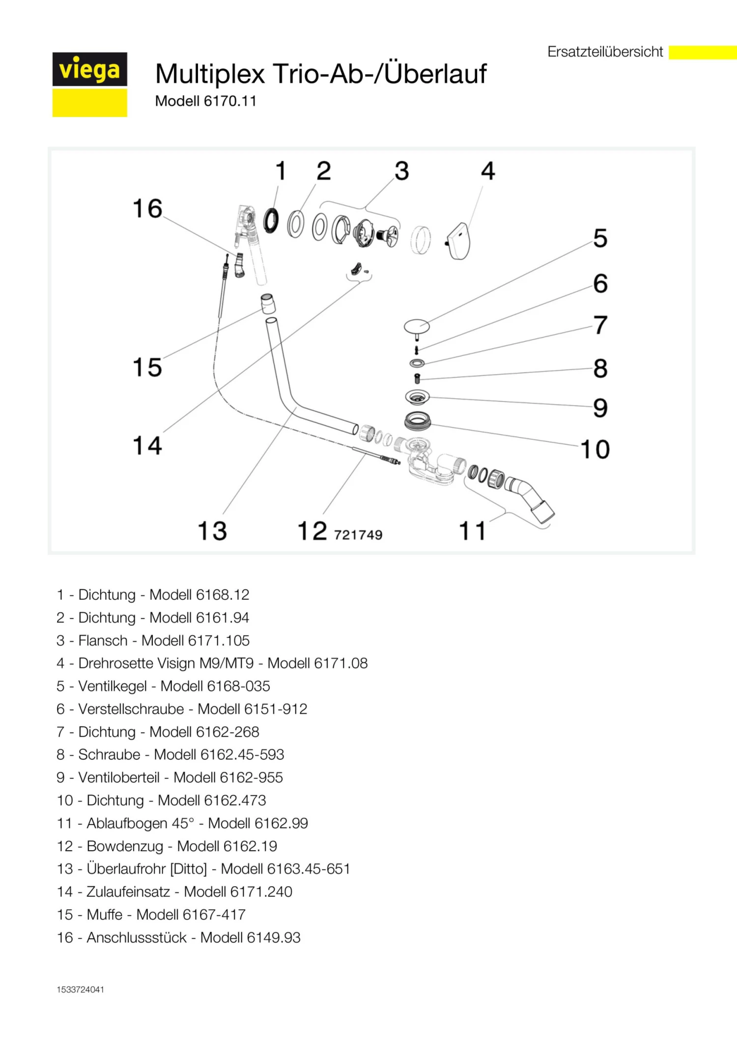 Viega Multiplex Ab-/Überlaufgarnitur 733605 Visign MT9, DN 40/50x725mm, Verchromt – Bild 3